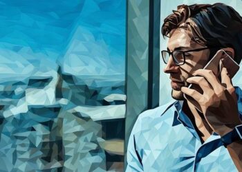 Venture capital investor speaking with entrepreneur based in London via the phone whilst hes in a high rise office