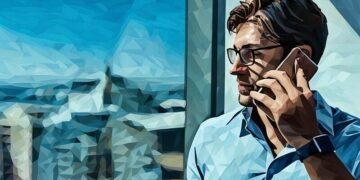 Venture capital investor speaking with entrepreneur based in London via the phone whilst hes in a high rise office