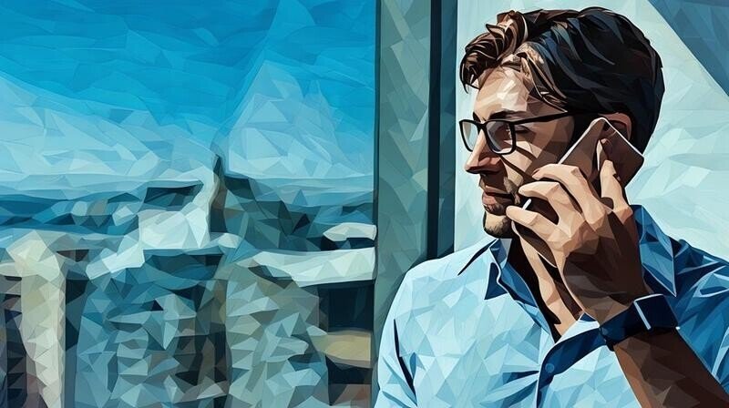 Venture capital investor speaking with entrepreneur based in London via the phone whilst hes in a high rise office