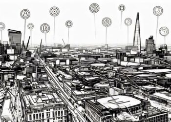 Skyline shot of London with lines running between buildings exampling an interconnecting professional network