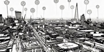 Skyline shot of London with lines running between buildings exampling an interconnecting professional network