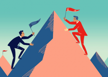 Two entrepreneurs competing to win a business competition by trying to reach the top of a mountain