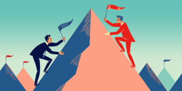 Two entrepreneurs competing to win a business competition by trying to reach the top of a mountain