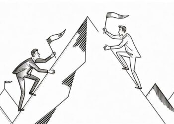 Two entrepreneurs competing to win a business competition by trying to reach the top of a mountain