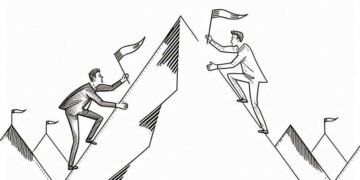 Two entrepreneurs competing to win a business competition by trying to reach the top of a mountain