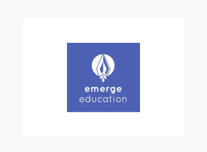 A logo for emerge education accelerator in purple and white