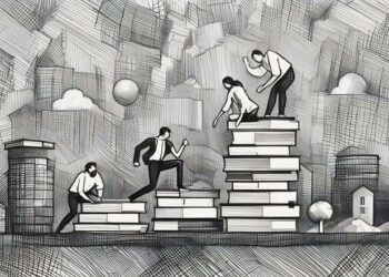 A group of young entrepreneurs helping each other climb up books as a metaphor for learning