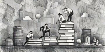 A group of young entrepreneurs helping each other climb up books as a metaphor for learning