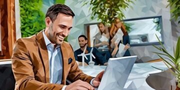 Entrepreneur sitting at his desk smiling because he is successful