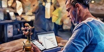 Example of BYOD, man using his own computer and phone while using work product outside of the office