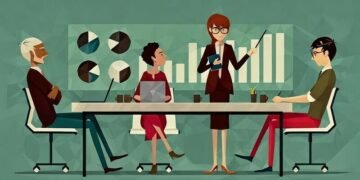 A business analyst relaying business intelligence information with a PowerPoint presentation to a team of colleagues