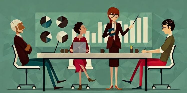 A business analyst relaying business intelligence information with a PowerPoint presentation to a team of colleagues