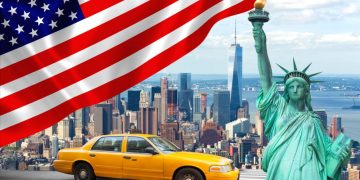 American flag with the statue of liberty and a New York taxi cab as symbols of America