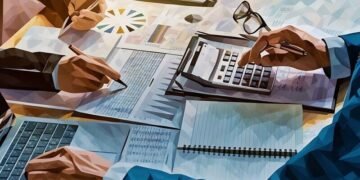A team working over a bunch of strategy papers and a calculator on a table
