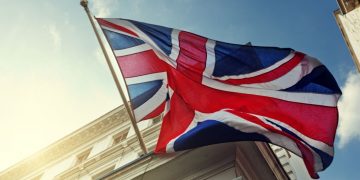 British flag attached to a government building in London