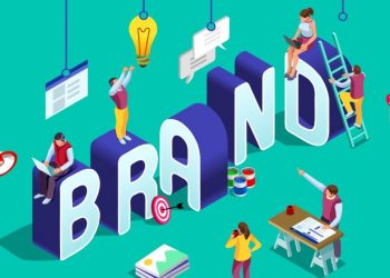 The term brand in large 3D letters, surrounded by people creating the overall brand