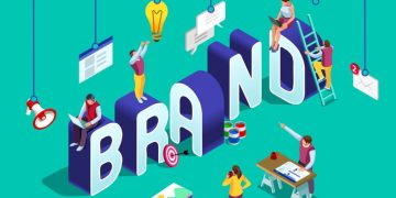 The term brand in large 3D letters, surrounded by people creating the overall brand