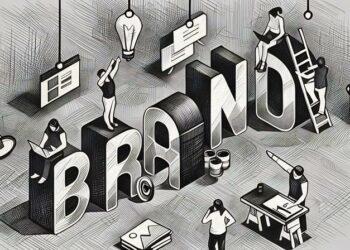 The term brand in large 3D letters, surrounded by people creating the overall brand