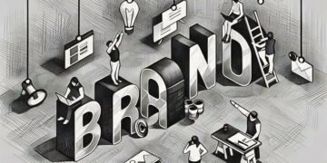 The term brand in large 3D letters, surrounded by people creating the overall brand