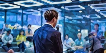 Entrepreneur standing in front of a room of investors pitching his idea