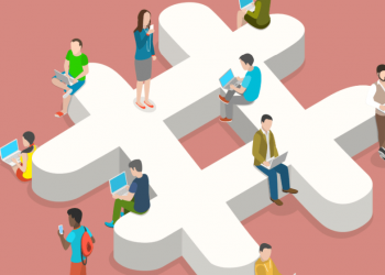 A hashtag symbol with founders and entrepreneurs sitting and working on it