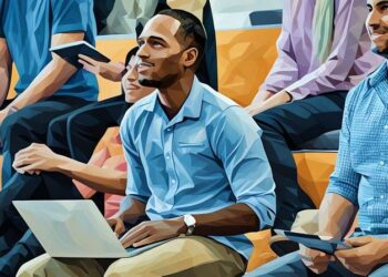 A company giving a presentation in an auditorium to entice and entice the best information technology professionals and developers