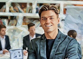 Front shot of a happy startup founder with a series of colleagues in the background