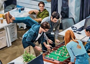 Colleagues playing table football game in the office, an ironic symbol of gamification