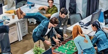 Colleagues playing table football game in the office, an ironic symbol of gamification