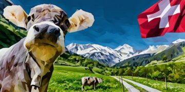 A milk cow in Switzerland in the mountainous fields