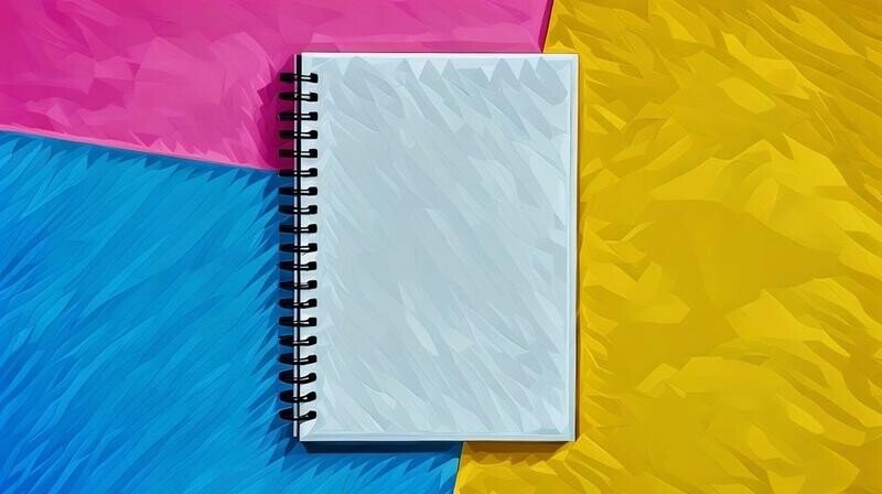 A blank notebook sitting on the bright coloured background, a place where you can write a new business name