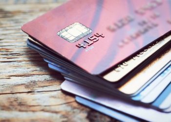 Set of business banking cards piled up