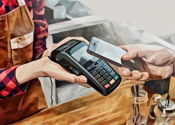 A retailer offering a customer a card payment device with the customer swiping their mobile phone over the payment device to make a mobile payment and complete the purchase