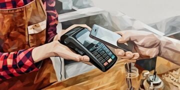 A retailer offering a customer a card payment device with the customer swiping their mobile phone over the payment device to make a mobile payment and complete the purchase
