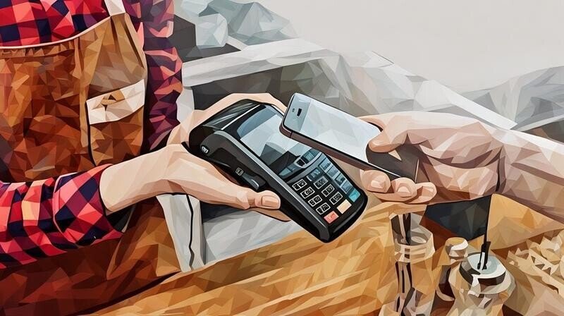 A retailer offering a customer a card payment device with the customer swiping their mobile phone over the payment device to make a mobile payment and complete the purchase