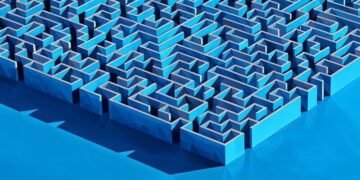 A striking infinite maze that goes off screen, made of blue concrete