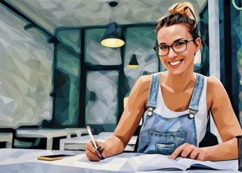 A female student entrepreneur sitting at a desk of the University computer room working on a student business and also studying