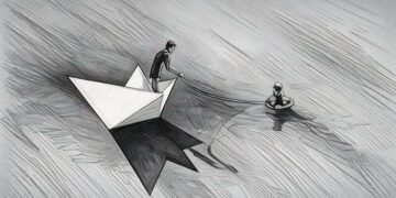 A man in a paper boat holding a life preserving and saving a person