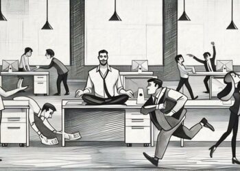 A man sitting on a desk meditating in the middle of a hectic workplace with colleagues running around frantically