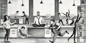 A man sitting on a desk meditating in the middle of a hectic workplace with colleagues running around frantically