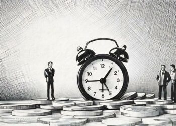 Clock sitting ontop of pile of money next to supplier and customer representing customer payment terms and times