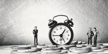 Clock sitting ontop of pile of money next to supplier and customer representing customer payment terms and times