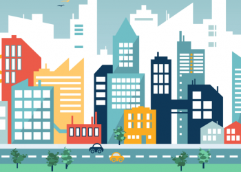 A series of commercial and business premises of different sizes in a city, exampling that there are different business rates depending on the premises