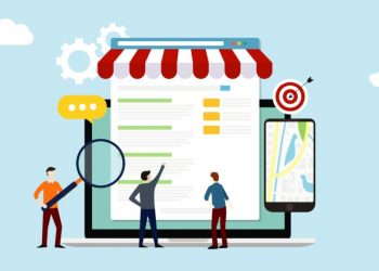 Cartoon men showing different methods of business promotion including search marketing, advertising, local business marketing and more