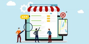 Cartoon men showing different methods of business promotion including search marketing, advertising, local business marketing and more