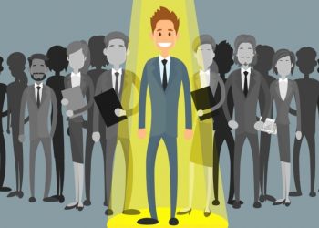 Group of employees waiting to be hired with one employee highlighted