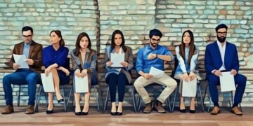 A group of prospective employees sitting down waiting to be interviewed