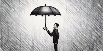 Insurance man in a black suit holding an umbrella symbolsing the protection business insurance can provide for small companies