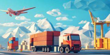 A model of a plane and truck carrying out logistics, progressing hauling cargo