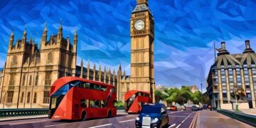 A shot of cars and buses heading over the bridge in London towards Big Ben in Westminster
